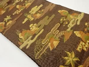 手織り紬ヱ霞に民家・橋・草木模様織出し名古屋帯